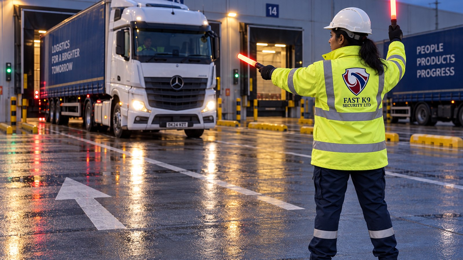 Fast K9 Security Limited traffic marshal managing a logistics loading bay at night